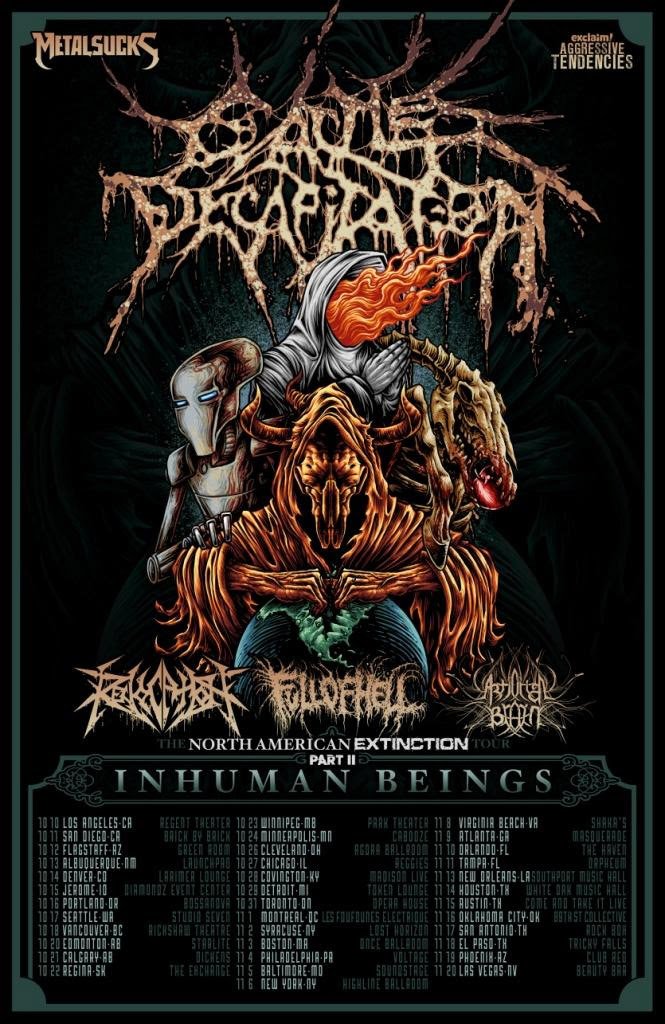 cattle decapitation, revocation, full of hell, artificial brain tour